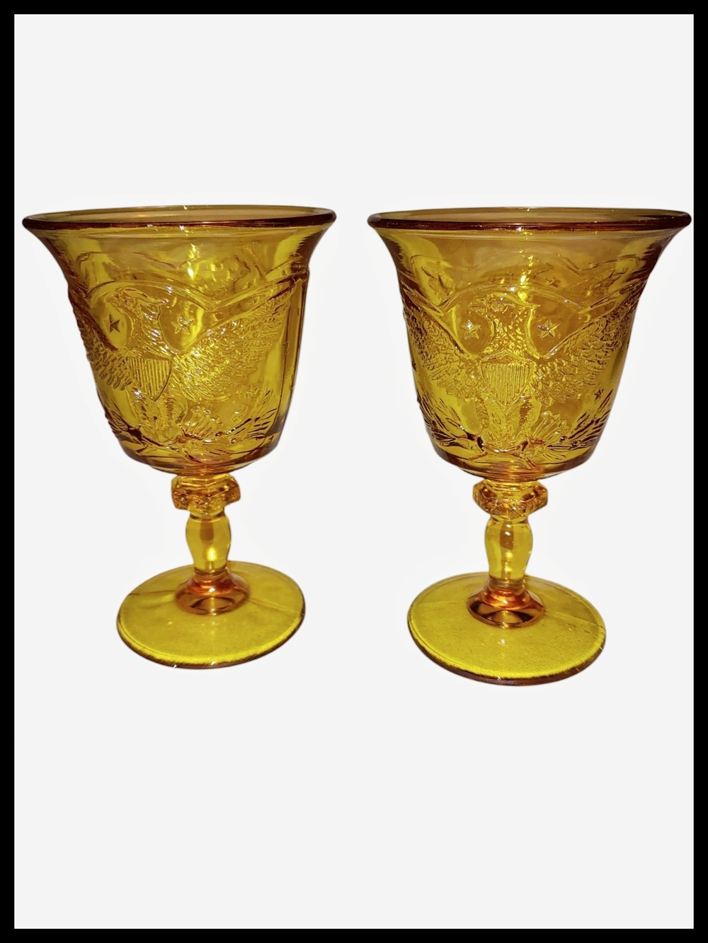 Vintage Amber Glass Eagle Goblets Set of 2 Patriotic